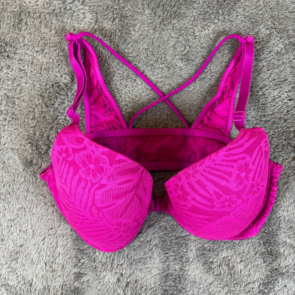 Victorias Secret PINK Wear Everywhere Push Up Bra Hot Pink Lace Racerback 36C